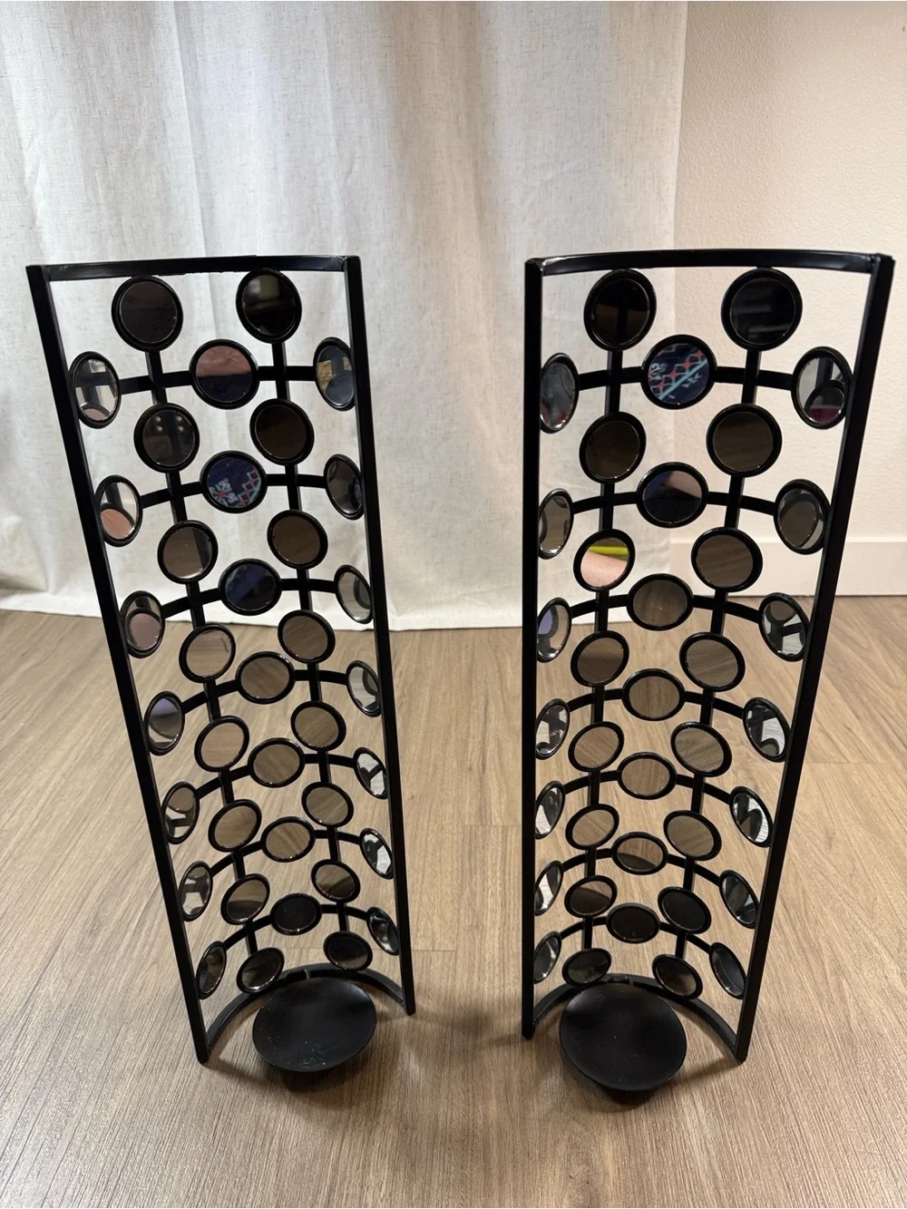 Black Metal &  Circle Mirror Frame Candle Holders - Pair